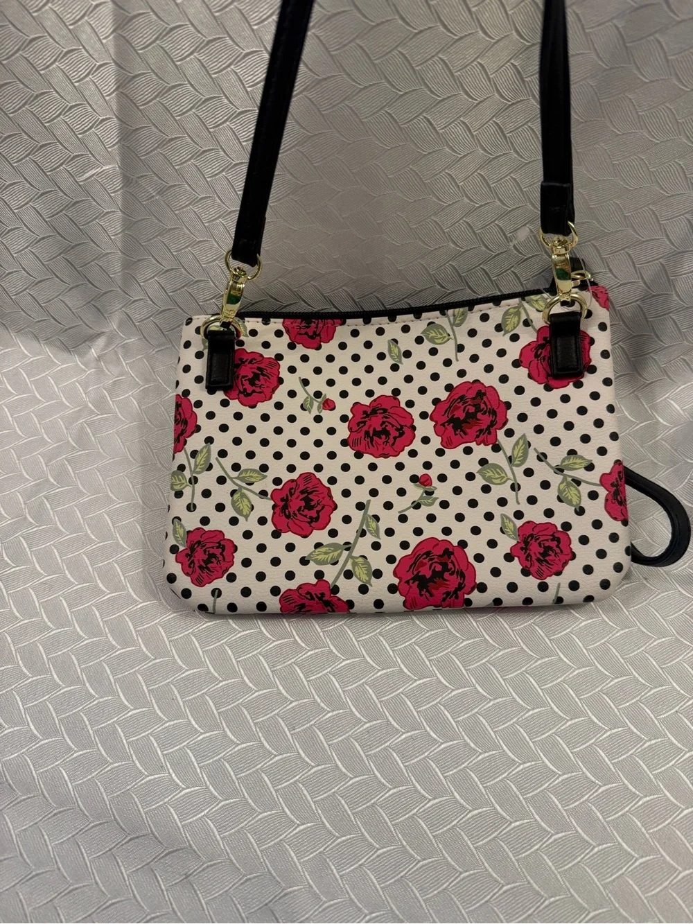 Betsey Johnson White Floral Polka Dot Crossbody Purse with Black Strap